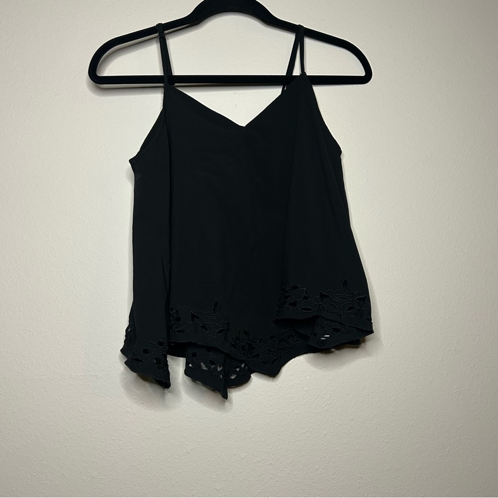 Fabletics Black V-Neck Spaghetti Strap Camisole with Laser-Cut Floral Hem